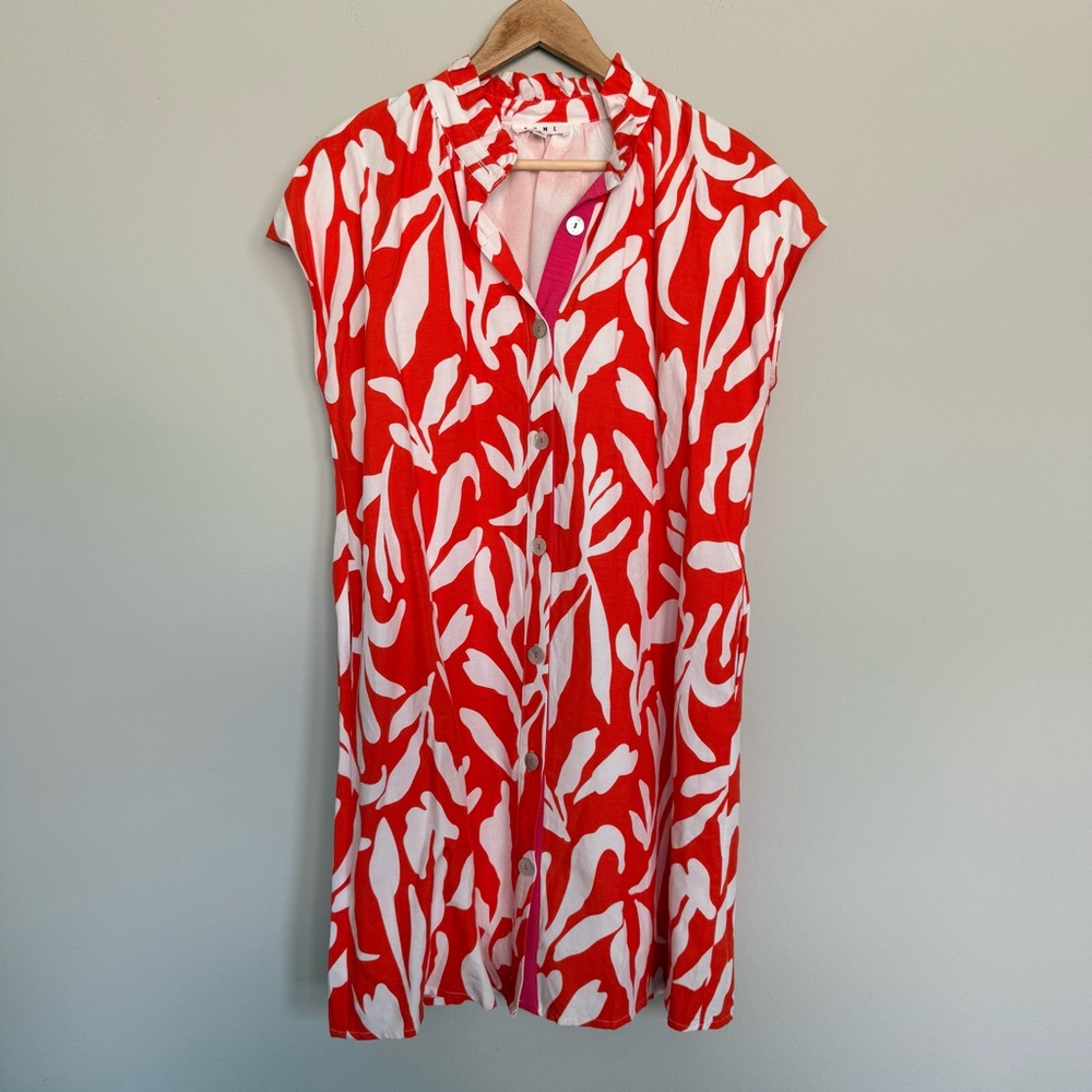 THML Orange and White with Pink Accent Linen Blend Dress